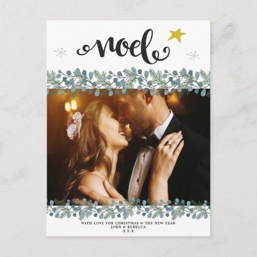 Kerstvakantie Foto briefkaart Blauw Bloemen (Voorkant)