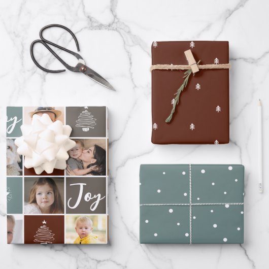 Kerstvakantie Foto Collage Sneeuwbomen Modern Inpakpapier Vel (Voorkant)