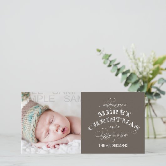 KERSTVAKANTIE FOTOKAART TAUPE FEESTDAGENKAART (Staand voorkant)