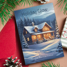 Kerstvakantie Glow Cabin Snowy Trees & Lights Feestdagenkaart
