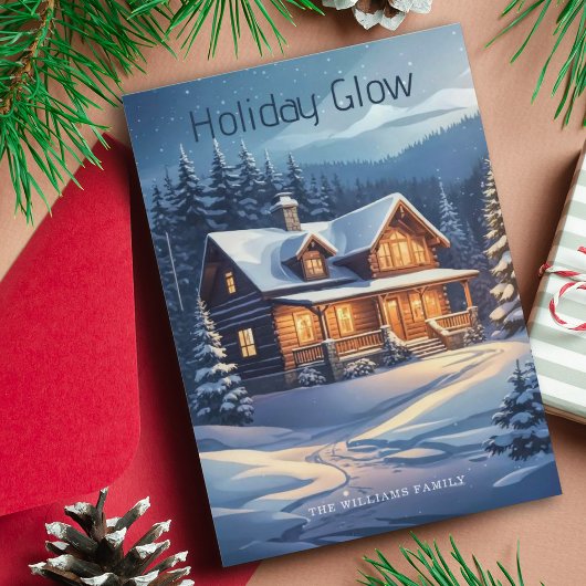 Kerstvakantie Glow Cabin Snowy Trees & Lights Feestdagenkaart