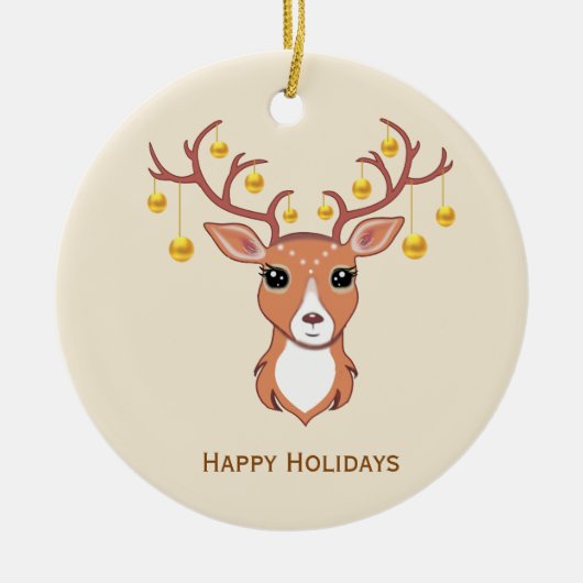 Kerstvakantie Gouden Hert Keramisch Ornament (Voorkant)