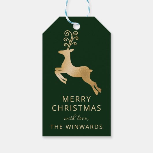 Kerstvakantie groen en goud rendier cadeaulabel (Voorkant)