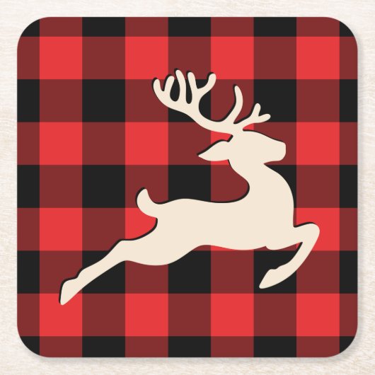 Kerstvakantie Hert Rood Zwart Gingham Kartonnen Onderzetters (Voorkant)