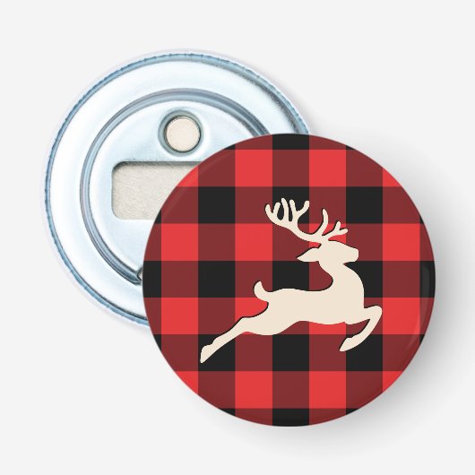Kerstvakantie herten geweien rood buffel geruit button flesopener (Voorkant)