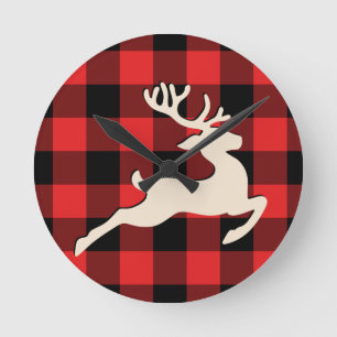 Kerstvakantie hertenhoorns rood zwart gingham ronde klok