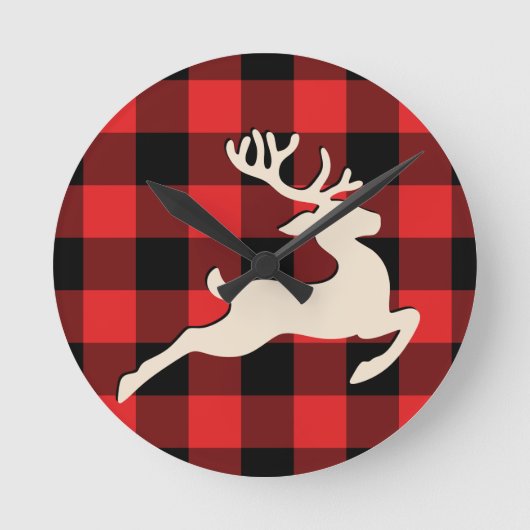 Kerstvakantie hertenhoorns rood zwart gingham ronde klok (Voorkant)