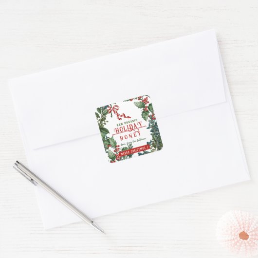 Kerstvakantie Honing met Holly & Berry Border Vierkante Sticker (Envelop)