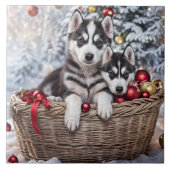 Kerstvakantie Husky Puppy Dogs Art Tegeltje (Voorkant)