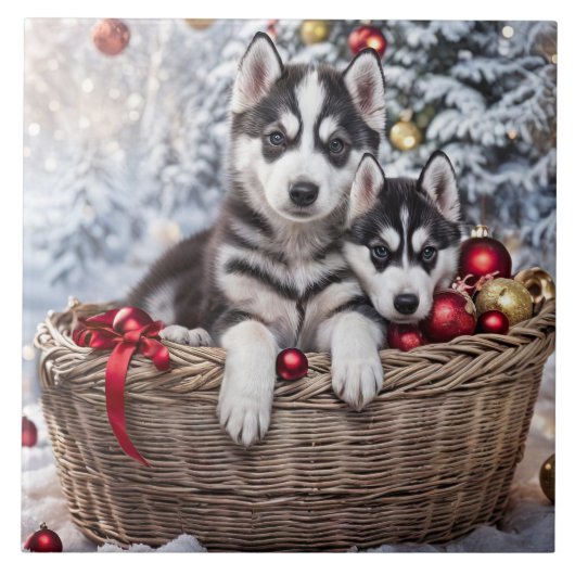 Kerstvakantie Husky Puppy Dogs Art Tegeltje (Voorkant)