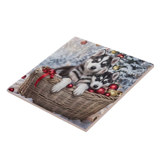 Kerstvakantie Husky Puppy Dogs Art Tegeltje (Zijkant)