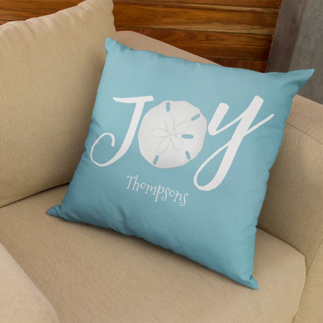 Kerstvakantie Joy Beach Turquoise Kust Kussen (Christmas Holiday Joy typography custom throw pillow.)