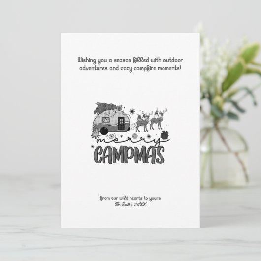 Kerstvakantie Kampeerder Rendier Buiten Zwart Feestdagenkaart (Staand voorkant)