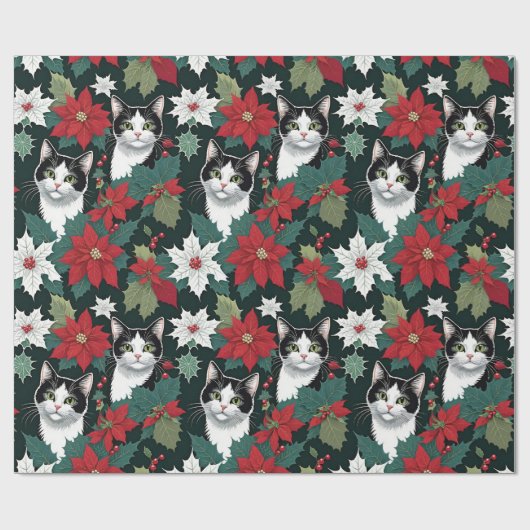 Kerstvakantie katten en poinsettia's cadeaupapier (Vlak)