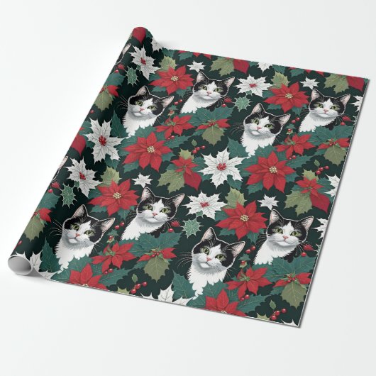 Kerstvakantie katten en poinsettia's cadeaupapier (Uitgerold)