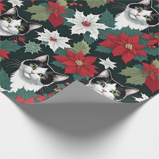 Kerstvakantie katten en poinsettia's cadeaupapier (Hoek)