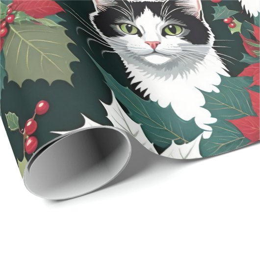 Kerstvakantie katten en poinsettia's cadeaupapier (Rol Hoek)