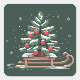 Kerstvakantie Kerstboom Slede Winter Kerstvakantie Vierkante Sticker