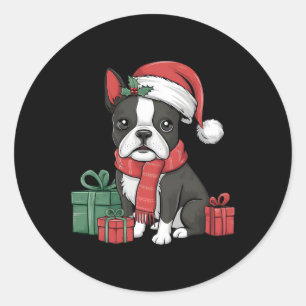 Kerstvakantie Kerstman Hoed Boston Terrier Hond Ke Ronde Sticker