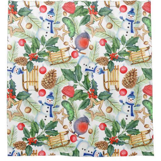 Kerstvakantie Kerstman, Sneeuwman, Dennenappels, H Douchegordijn (Voorkant)