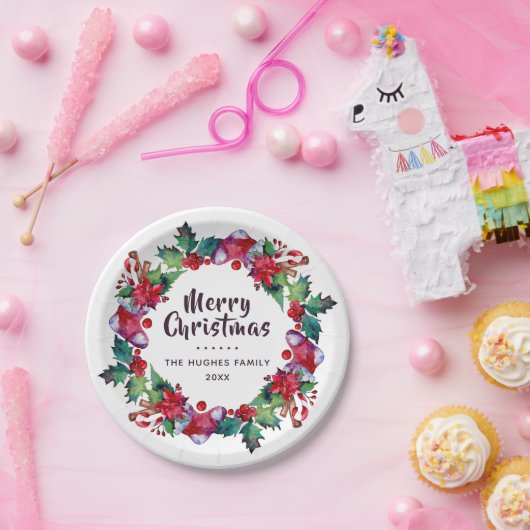 Kerstvakantie kous Floral krans Papieren Bordje (Feest)