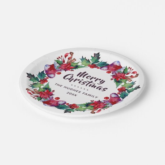 Kerstvakantie kous Floral krans Papieren Bordje (Gekanteld)