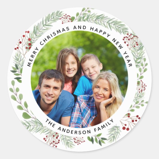 Kerstvakantie krans fotolabel ronde sticker (Voorkant)