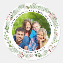 Kerstvakantie krans fotolabel ronde sticker