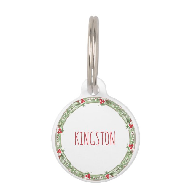 Kerstvakantie krans Pet Name Phone Joy Huisdierpenning (Voorkant)