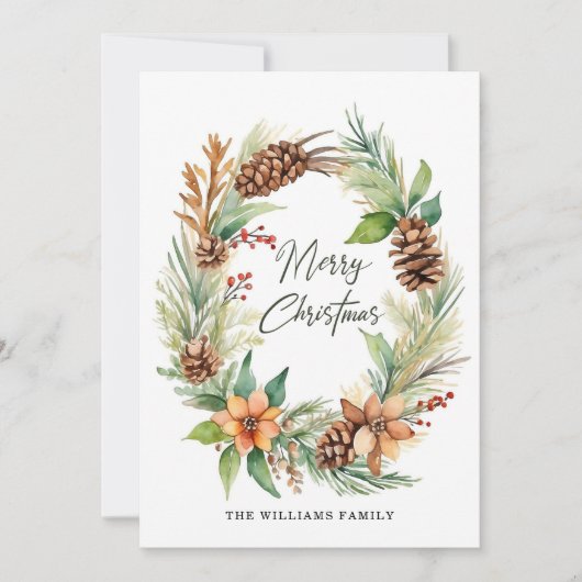 Kerstvakantie Krans Pinecones Bessen Bladerland Feestdagenkaart (Voorkant)