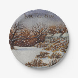 Kerstvakantie, landelijke sneeuwkunst papieren bordje