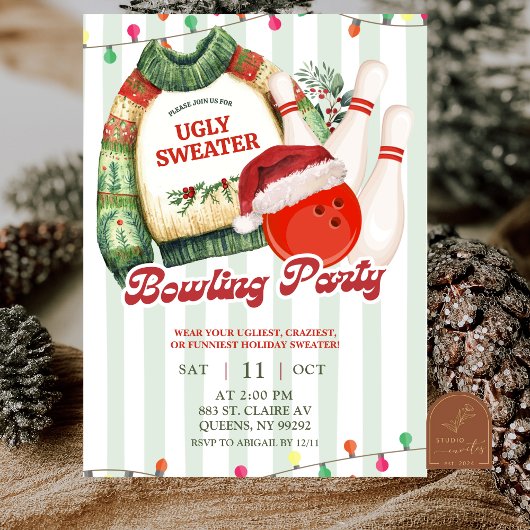 Kerstvakantie lelijk truitje bowlingfeest kaart
