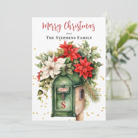 Kerstvakantie Mailbox Bloemen Monogram No-Photo Feestdagenkaart (Staand voorkant)