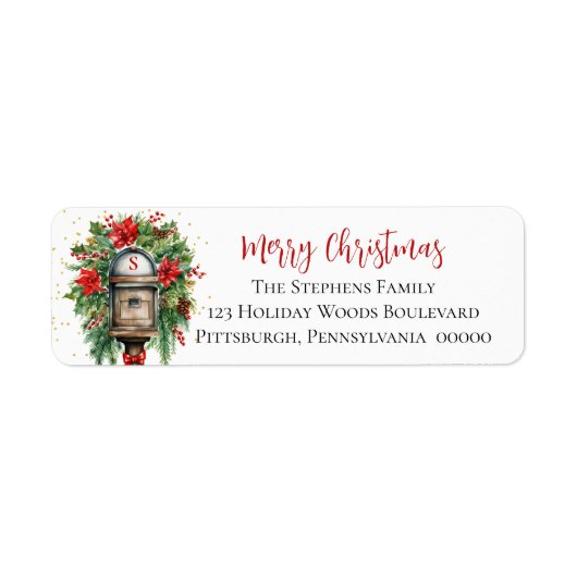 Kerstvakantie Mailbox Floral Monogram Etiket (Voorkant)
