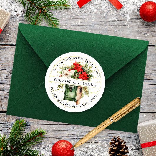 Kerstvakantie Mailbox Floral Retouradres Ronde Sticker