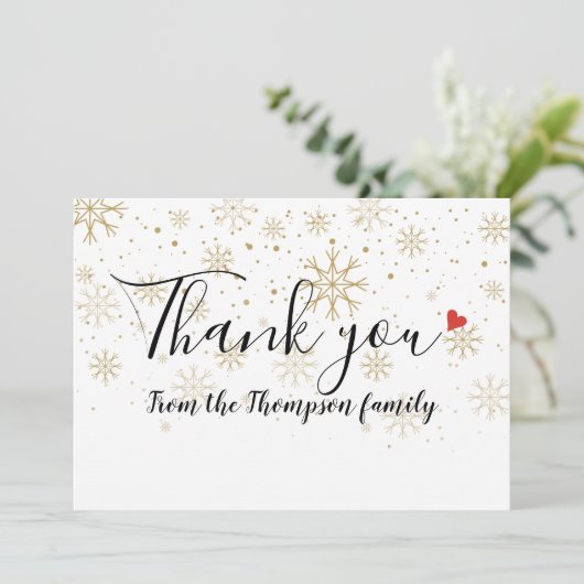 Kerstvakantie met gouden sneeuwvlokken bedankkaart (Staand voorkant)