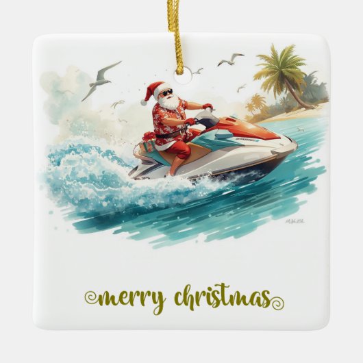 Kerstvakantie met Jetski met Kerstman Keramisch Ornament (Voorkant)