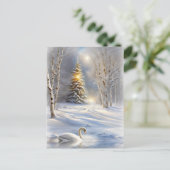 Kerstvakantie met zwaan en kerstboom feestdagenkaart (Staand voorkant)