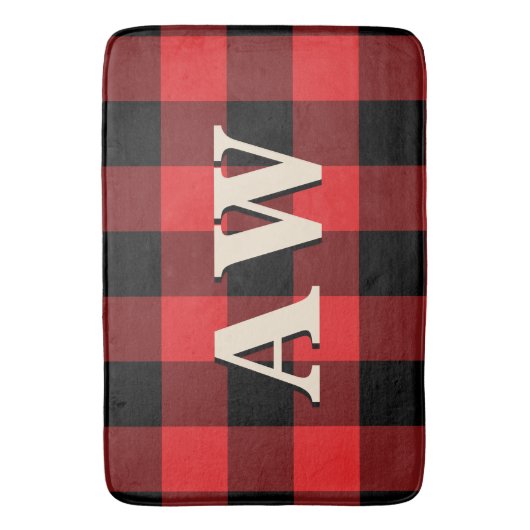 Kerstvakantie Monogram Rood Zwart Gingham Badmat (Voorkant Verticaal)