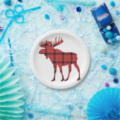 Kerstvakantie Moose Red Plaid Tartan Patroon Papieren Bordje (Feest)