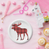 Kerstvakantie Moose Red Plaid Tartan Patroon Papieren Bordje (Feest)