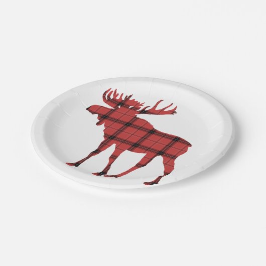 Kerstvakantie Moose Red Plaid Tartan Patroon Papieren Bordje (Gekanteld)