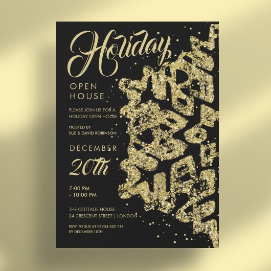 Kerstvakantie Open Huis Goud Glitter Zwart Kaart
