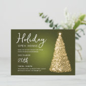 Kerstvakantie open huis goudboom groen kaart (Staand voorkant)