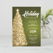 Kerstvakantie Open Huis Party Groen Goud Kaart (Staand voorkant)