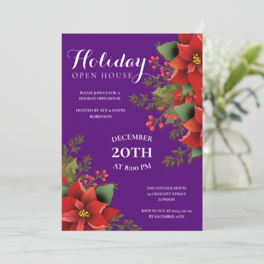 Kerstvakantie Open Huis Poinsettia Paarse Kaart (Staand voorkant)