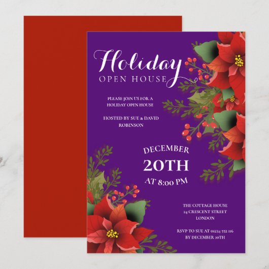 Kerstvakantie Open Huis Poinsettia Paarse Kaart (Voorkant / Achterkant)