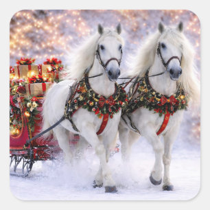 Kerstvakantie Paarden Sleigh Sneeuw Vierkante Sticker