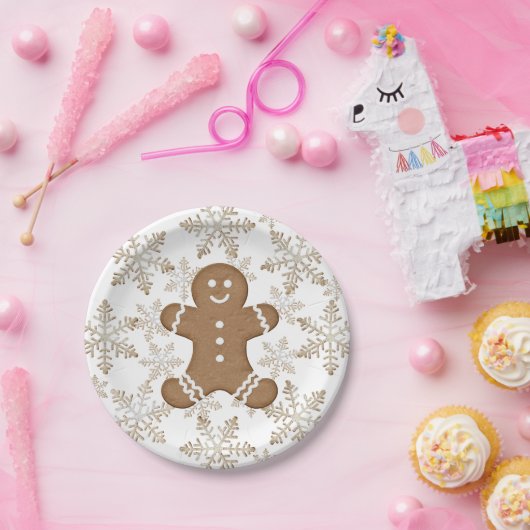 Kerstvakantie peperkoek man en sneeuwvlokken papieren bordje (Feest)