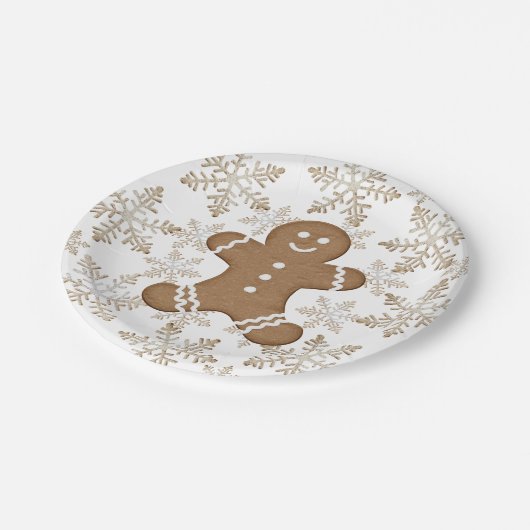 Kerstvakantie peperkoek man en sneeuwvlokken papieren bordje (Gekanteld)